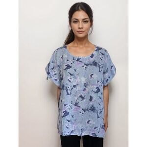 100% Linen Blouse Top Women Sz S Blue‎ Floral Made in Italy Coastal